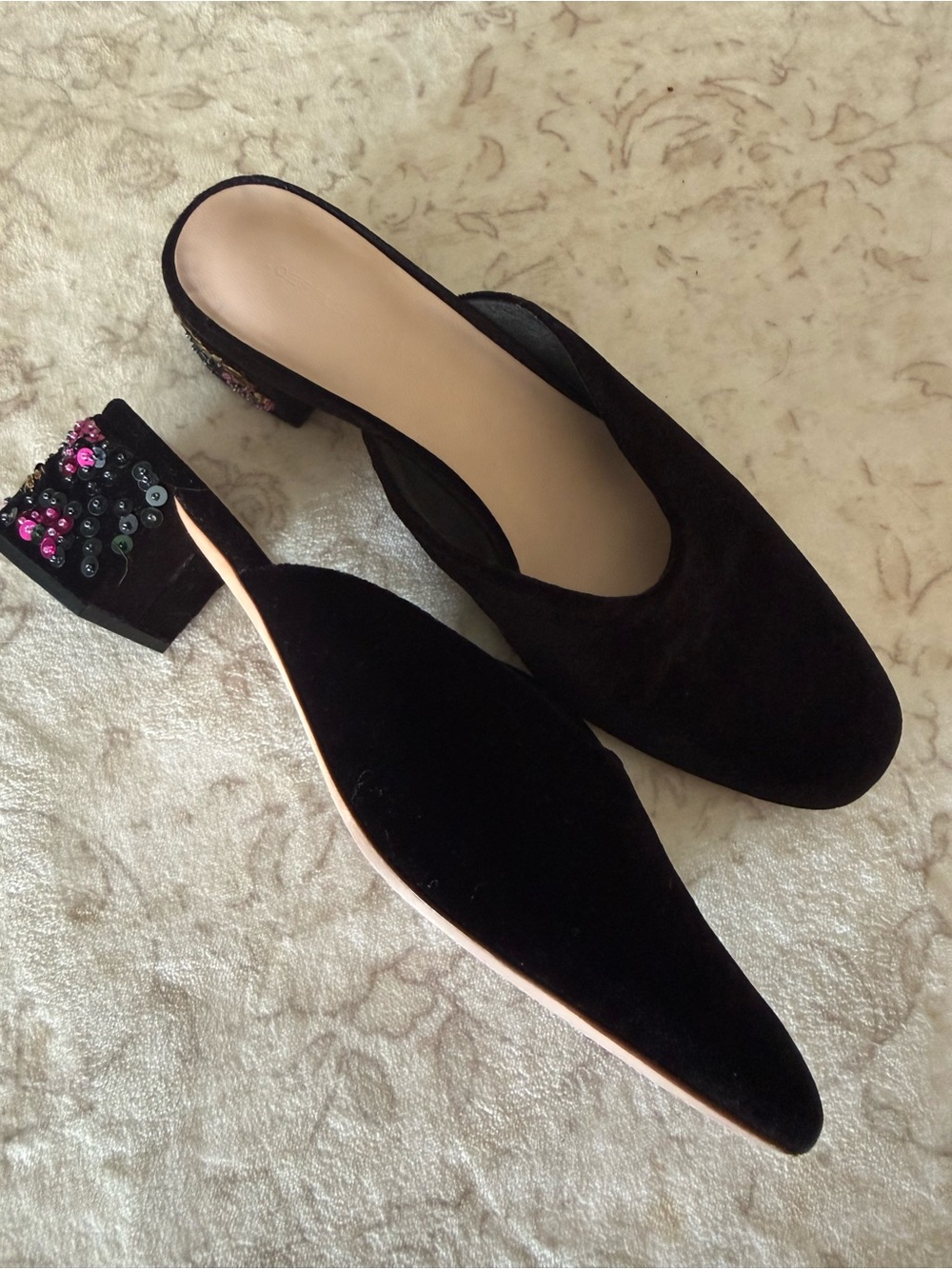 Loeffler Randall Black Velvet Embellished Block Heel Mules